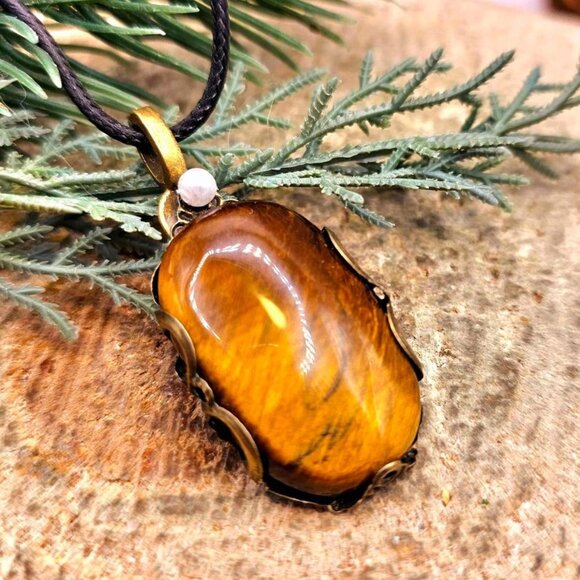 Nature Tiger Eye Polished Stone Flower Pattern Wrapped Pendant Necklace - Picture 2 of 10
